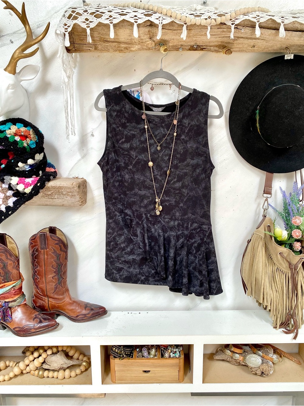 Rustic acid wash Kenneth Cole Black Peplum sleeveless Top/camisole w chic look